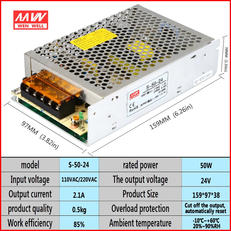 Импульсный источник питания S 50 24V трансформатор DC Выход 24V2.1A12V4.2A5V10A медный