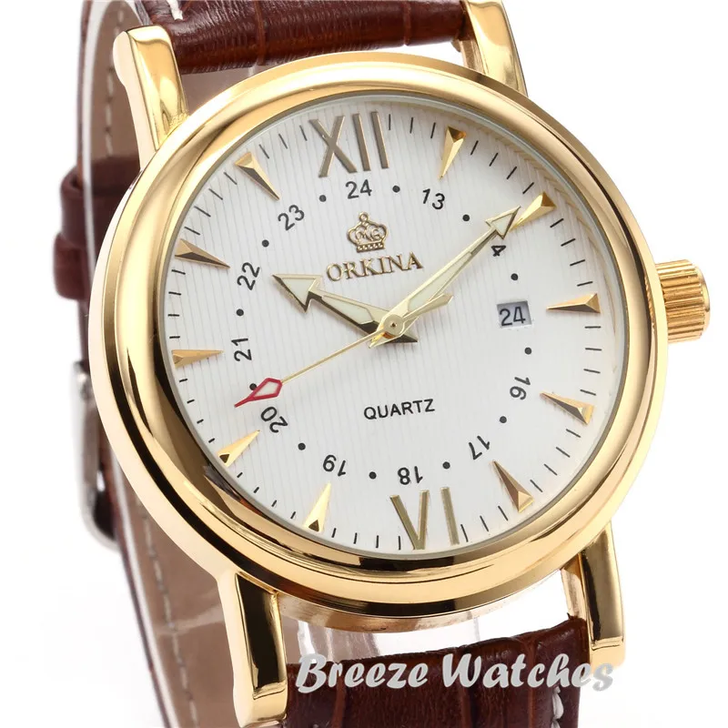 Мг. ORKINA Золотой чехол коричневый кожаный ремешок для часов Роскошные Кварцевые