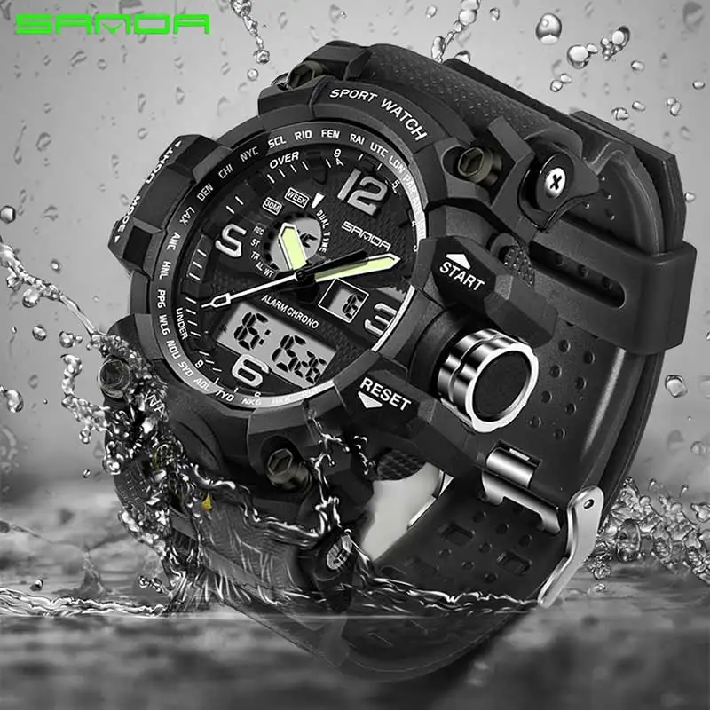 

2019 New Men Sports Watch Resin Strap Double Display Waterproof Automatic Date Multi-function Men Quartz Watch Relogio Masculino