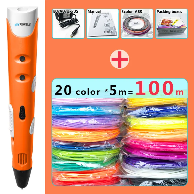Orange pen Package 2 Myriwell 3d Ручка 3d ручки, 1,75 мм ABS/PLA нити, 3 d ручка SmartChild подарок на день рождения, 3d печать pen3d модель - Цвет: Orange pen Package 2