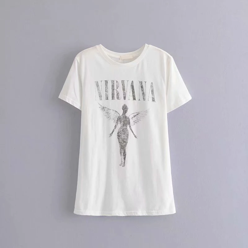 TXJRH Bohemian NIRVANA футболка с коротким рукавом и надписью «Крылья Ангела» Стильный пуловер с круглым вырезом хлопковая белая футболка Топы
