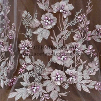 1yard new fashion style yellowbeigegray pink heavy beads 3d flowers on netting embroidery wedding dress lace fabric