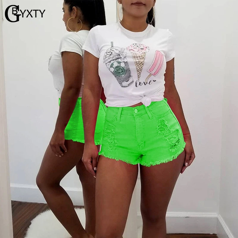 GBYXTY, короткие, mujer verano, сексуальные, неоновые, цветные, джинсовые шорты, высокая талия, рваные, джинсовые шорты,, летние, женские, обтягивающие шорты ZL273