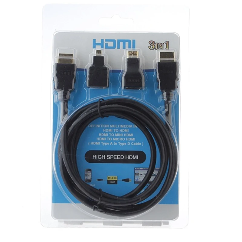 Высокая скорость 3 в 1 HD HDMI к Mini/Micro HDMI адаптер Кабели HDMI к HDMI кабель+ 2 Позолоченный разъем для сотового телефона ПК ТВ 1,5 м