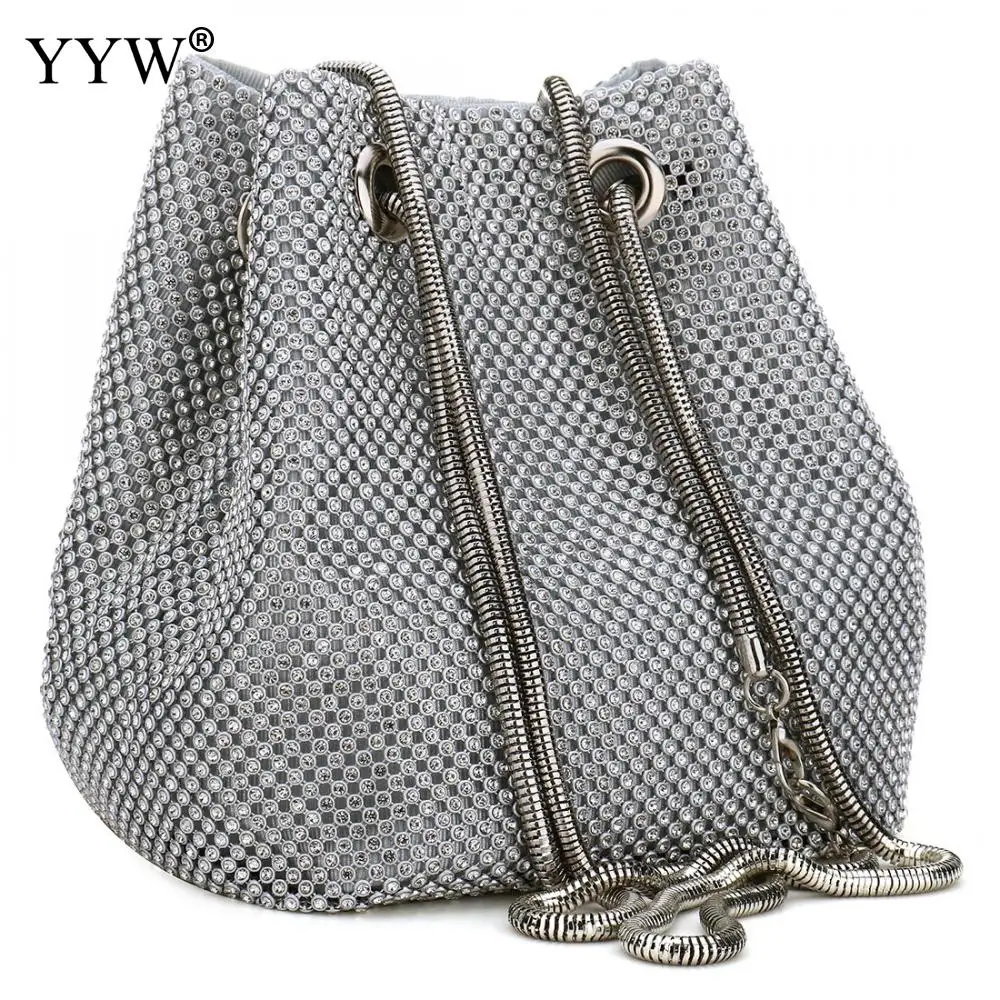 Золото цинковое покрытие сумка-мешок Sac основная Femme маленький клатч с белые стразы, модная сумка через плечо, прекрасные свадебные сумочки, украшенных камнями;