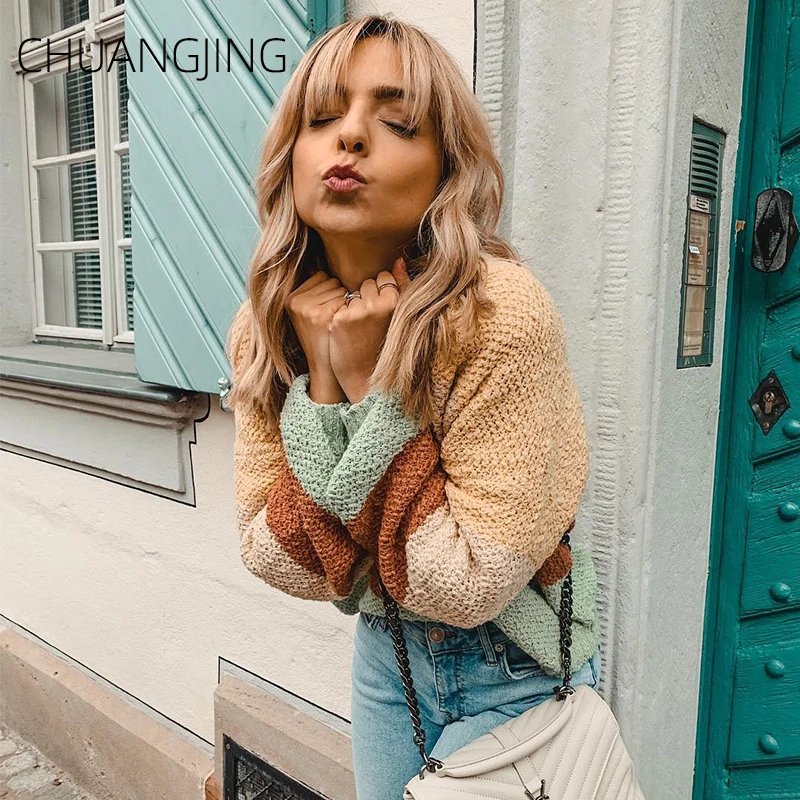 Casual Autumn Winter Knitted Pullover Sweater Women O-neck Long Sleeve Solid Patchwork Plus Size Female Fashion | Женская одежда