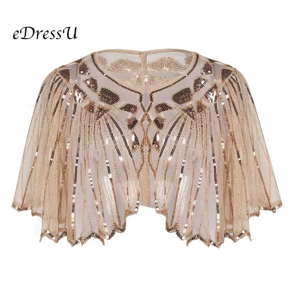 

eDressU 1920s Party Cape Great Gatsby Vintage Beaded Shawl Sequins Cover up Glitter Bolero Eveningwear Stage Performance Scarf
