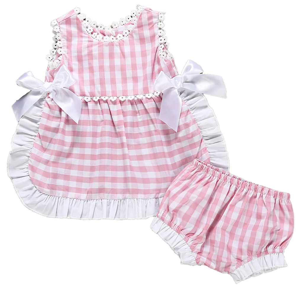 Милые вечерние розовые клетчатые комплекты принцессы топы без рукавов + штаны