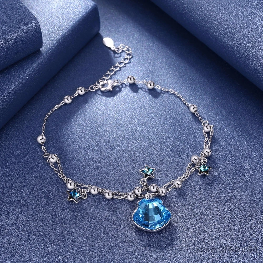 LEKANI, роскошные ювелирные изделия, голубой кристалл от SWAROVSKI, 925 серебряные бусы, браслет, браслеты, Двойные цепи, Женские аксессуары