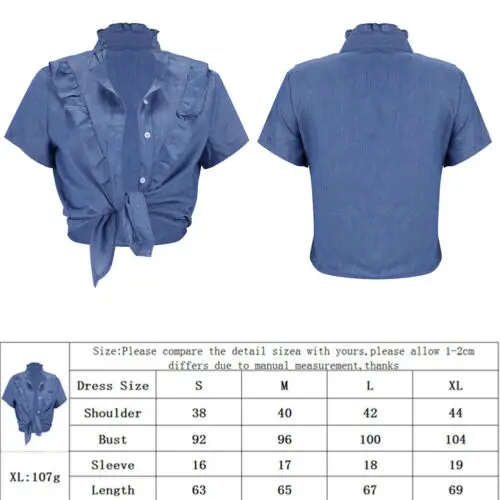 

2019 Hot Fashion Women's Ladies Summer Short Sleeve Shirts Loose Ruffles Solid Stand-Cllar Casual Shirt