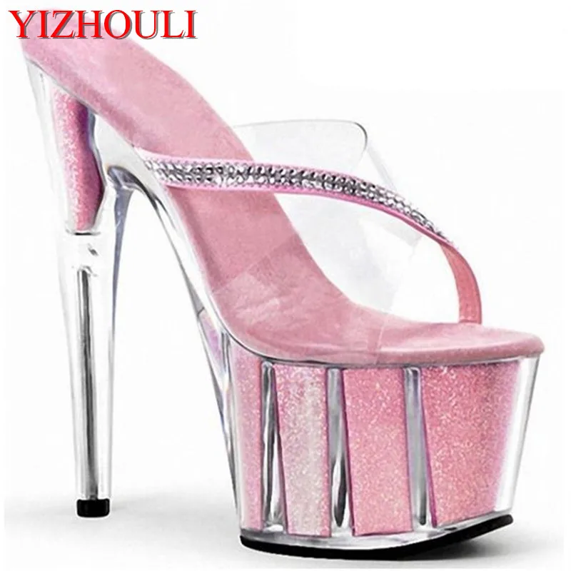 Crystal bottom cold slippers water diamond decorative transparent women's shoes 15cm high heels pink performance Dance Shoes | Спорт и