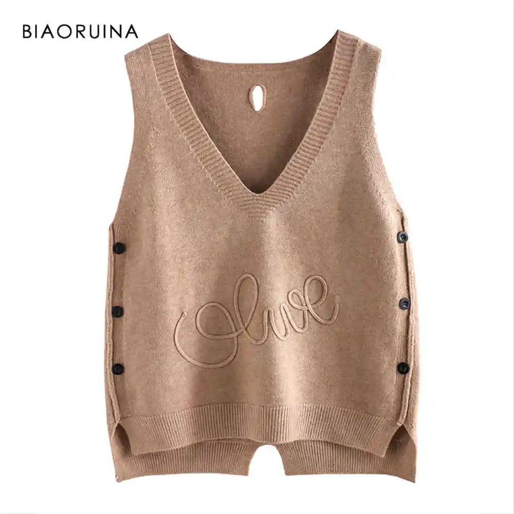 dark khaki BIAORUINA, 10 цветов, корейский стиль, женский, подходит ко всему, v-образный вырез, однотонный, вязаный жилет, женский, без рукавов, милый пуловер, для девочек, шикарные топы - Цвет: dark khaki