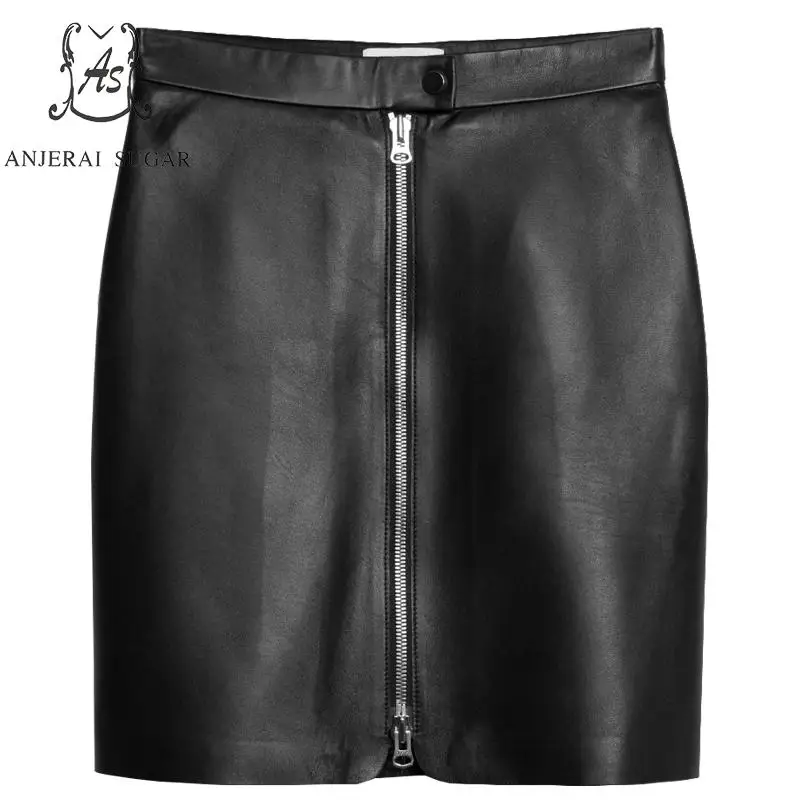 Женская короткая юбка из натуральной кожи на весну и осень черная облегающая