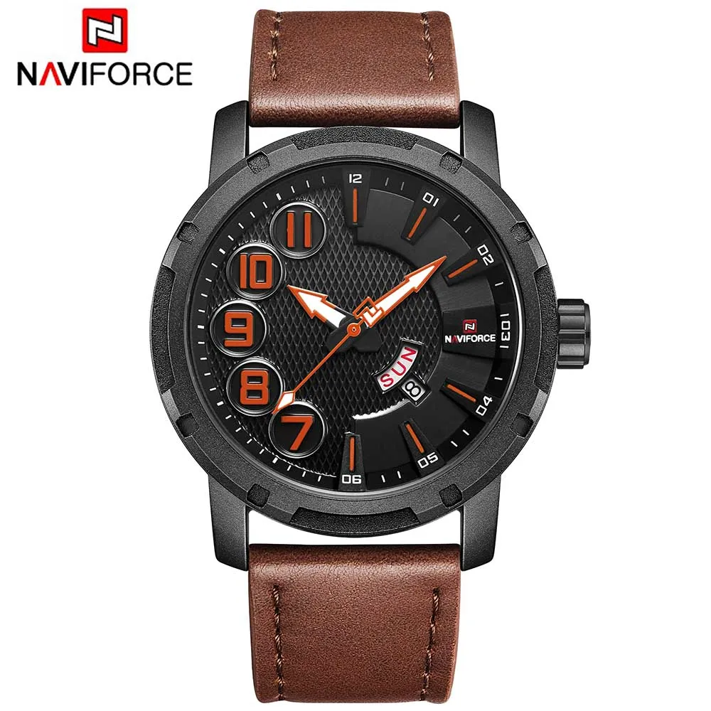orange NAVIFORCE лучший бренд класса люкс Мужские часы Мужские кожаные Наручные часы мужские часы с датой недели кварцевые модные часы Montre Homme Relogio Masculino - Цвет: orange