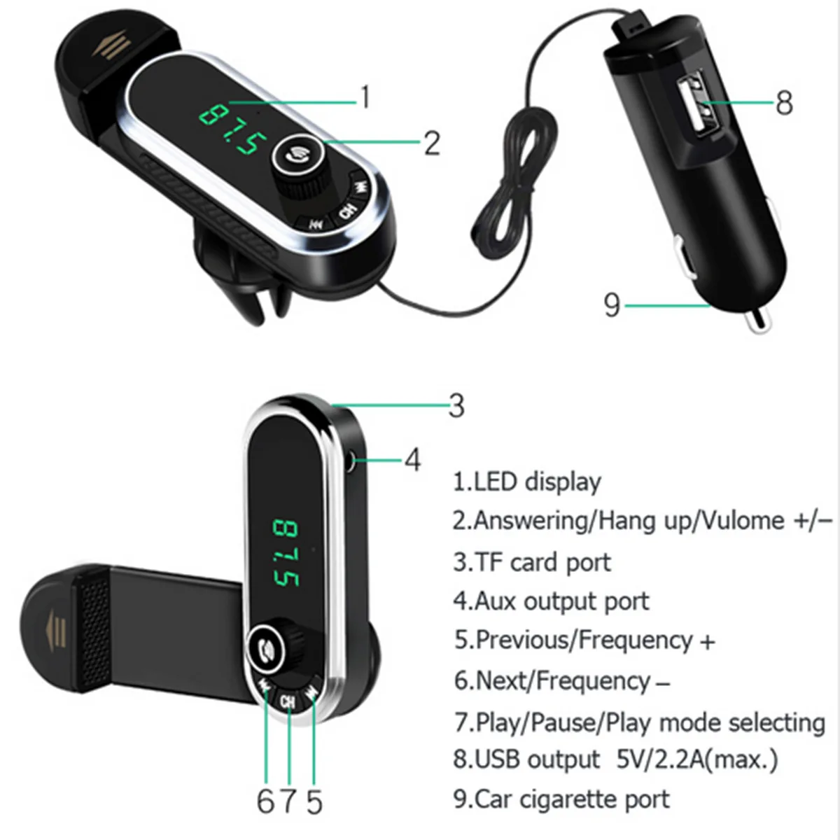 Автомобильный bluetooth hands-free fm-передатчик mp3-плеер, установленный на мобильном телефоне для автомобильного телефона iPhone Зарядка Поддержка TF карты
