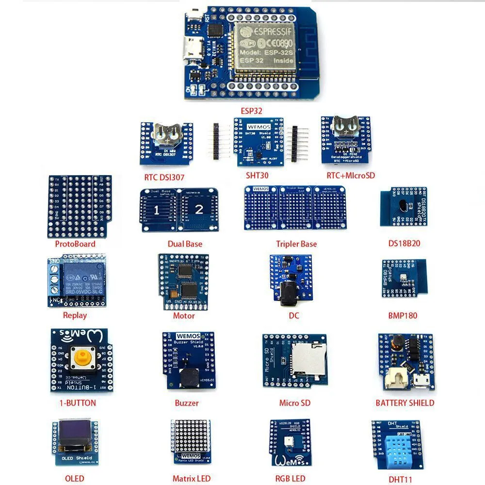20 шт./компл. мини D1 ESP32 WiFi + Bluetooth обучающий комплект DS18B20 SHT30 DHT11 релейный зуммер OLED |