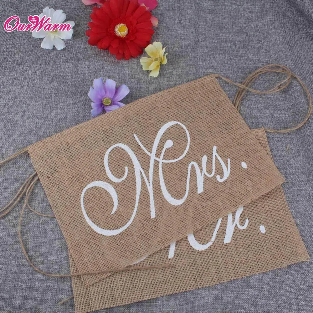OurWarm Khaki Mr& Mrs Burlap Chair Banner Set Chair Sign Garland Rustic Wedding Party Decoration 30 x 20cm