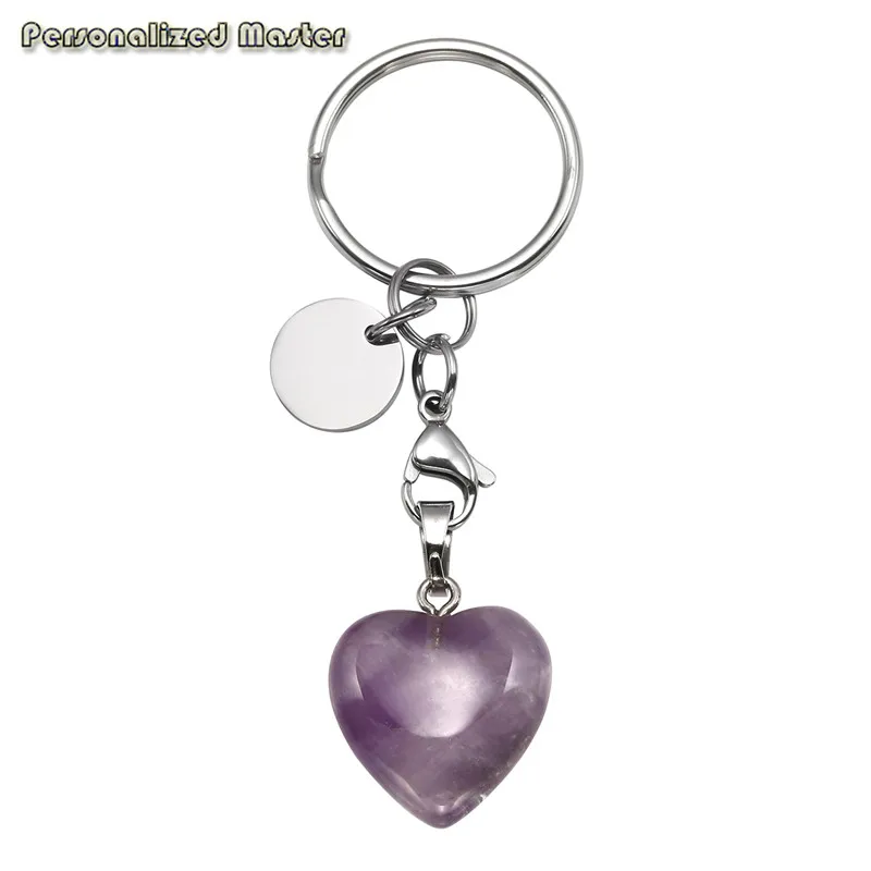 Кольцо для ключей из нержавеющей стали в форме сердца с натуральным драгоценным
