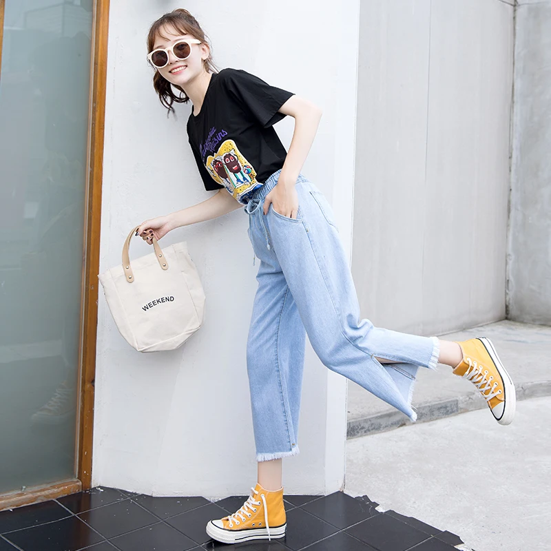 Новые дизайнерские женские джинсы с разрезом и подолом 2019 брюки до щиколотки