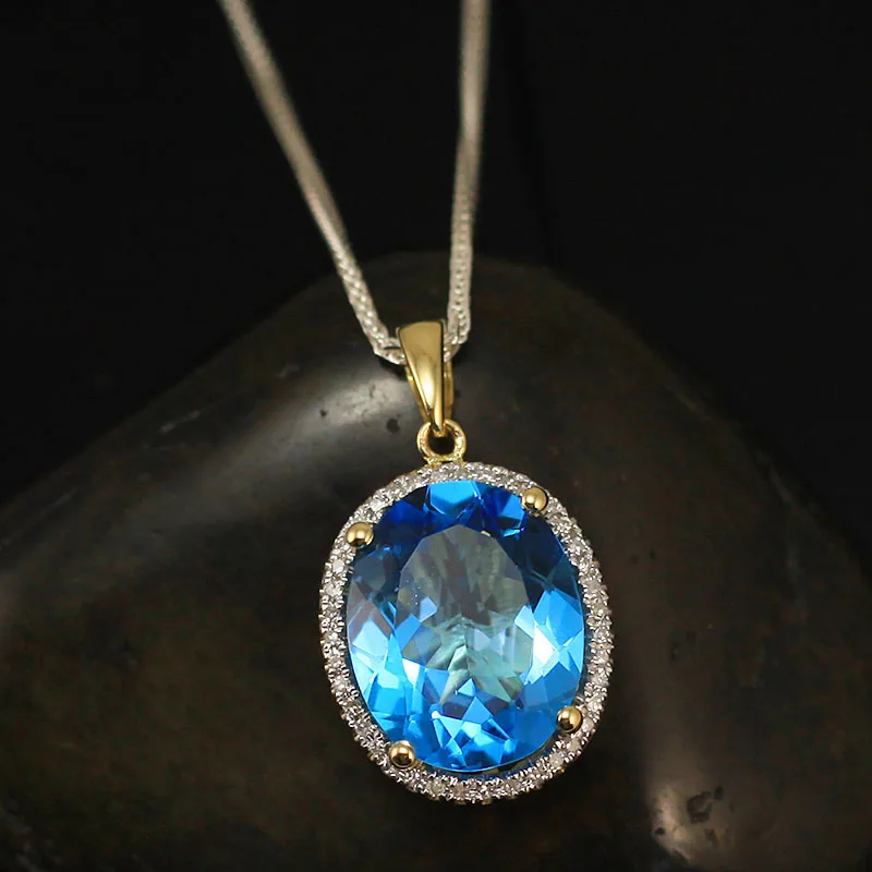Natural Blue Topaz Pendants In18K Yellow Gold Diamonds Pendant Oval 12x15mm For Women E0003 | Украшения и аксессуары