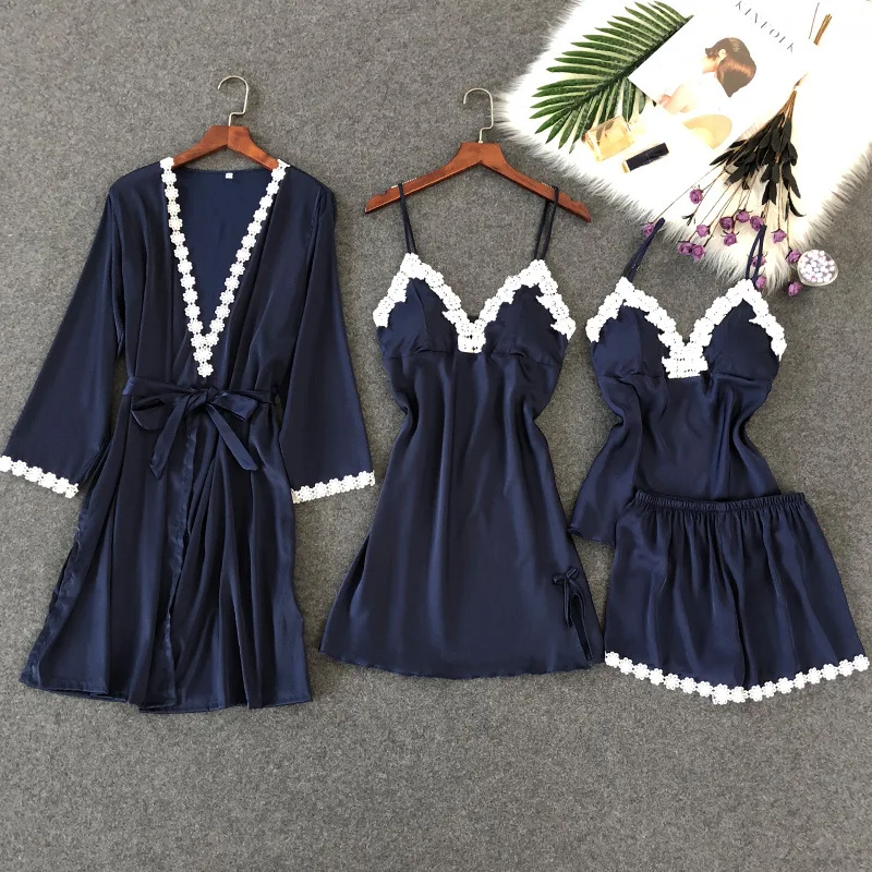 Пикантная шелковая атласная пижама комплект из 4 предметов цветочный халат +