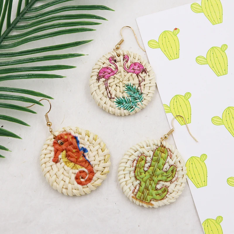 Женские плетеные серьги Lafite Raffia из ротанга ручной работы с желтым подсолнечником