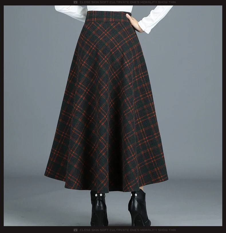 S-4XL New Women's Wool Blends Skirts Winter Autumn Fashion Elegant Printed Plaid Thicken Slim Medium Length Skirt Female