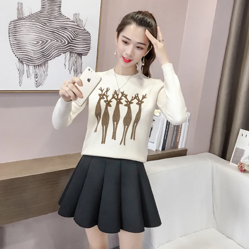 Для женщин Рождественские мультфильм олень Жемчужный пуловер Свитера Femme Черный