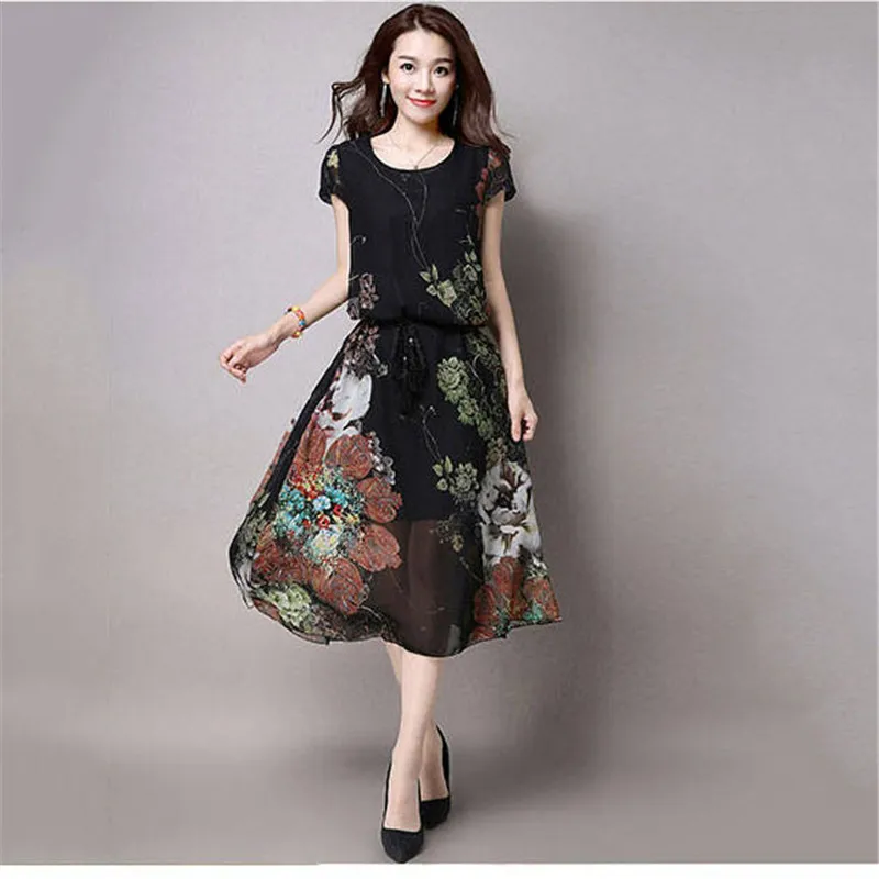 Шифоновое платье с цветочным принтом коротким рукавом большие размеры|Женские