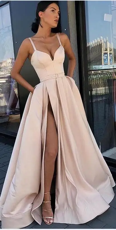 Picture Nude Color Длинное вечернее платье трапециевидной формы на бретельках, простое платье без бретелек, Недорогое Платье телесного цвета с разрезом спереди, вечерние платья, сексуальные - Цвет: Picture Nude Color
