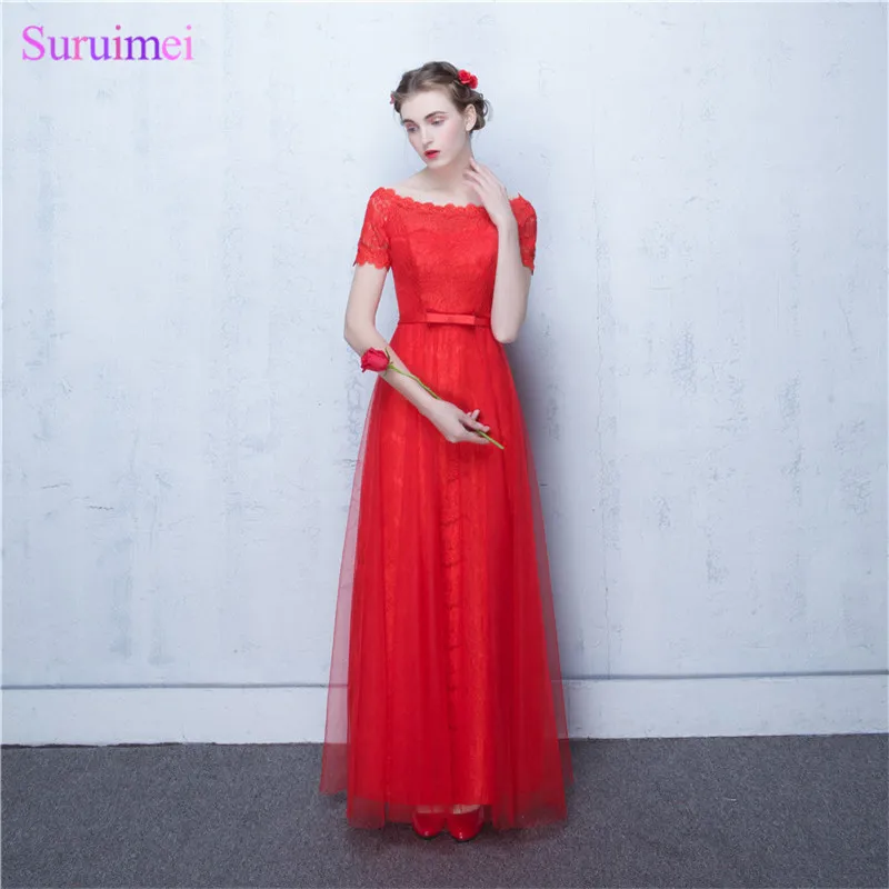 

Evening Dresses Vestidos Longos Para Festa Red Tulle Floor Length Gowns Cheap Long Evening Dresses with Short Sleev