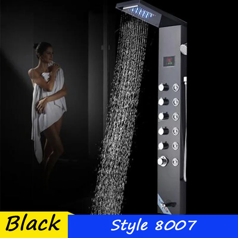 8007 black Светодиодный душ панель из нержавеющей стали настенное крепление душевая Колонка панельная башня светодиодный дождь водопад душ струи кран ручной Душ Ванна - Цвет: 8007 black