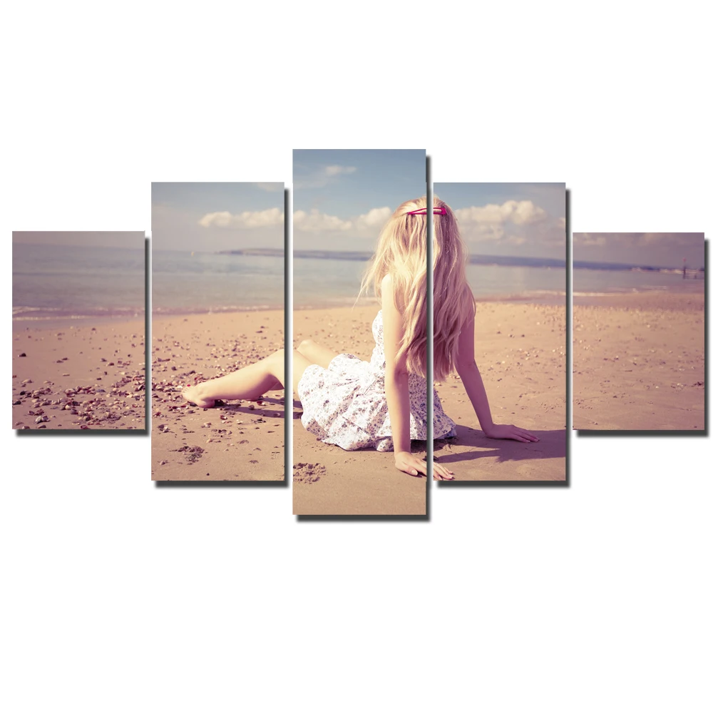Hot Frameless Canvas Painting Girl on The Beach Modular Landscape Poster Figure Art Wall Sticker Home Decoration 5pcs | Дом и сад