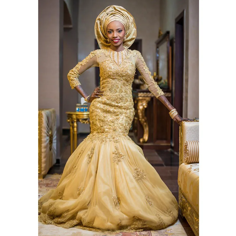 2020 в африканском стиле золотого цвета Vestido de noiva Роскошный традиционный Русалка