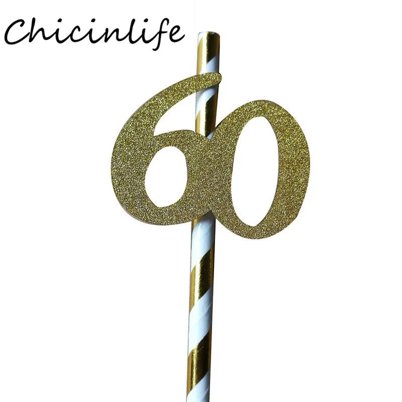 Chicinlife 10 шт. бумажная соломинка с номером 30 40 50 60 соломинка для напитков на день рождения/свадьбу юбилей день рождения украшения - Цвет: gold 60