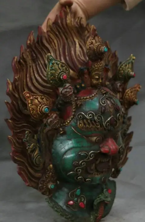 Тибет с драгоценным камнем бирюза Gilt Mahakala гнев головы божества ящерица маска