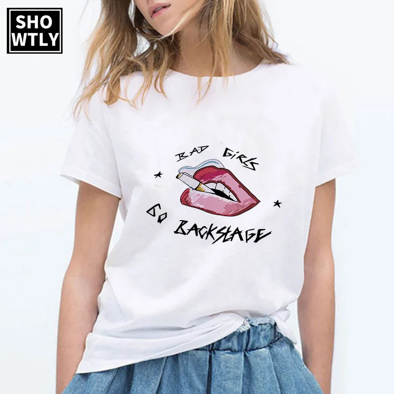 Showtly Bad girls go backstage новые летние модные женские футболки с коротким рукавом топы