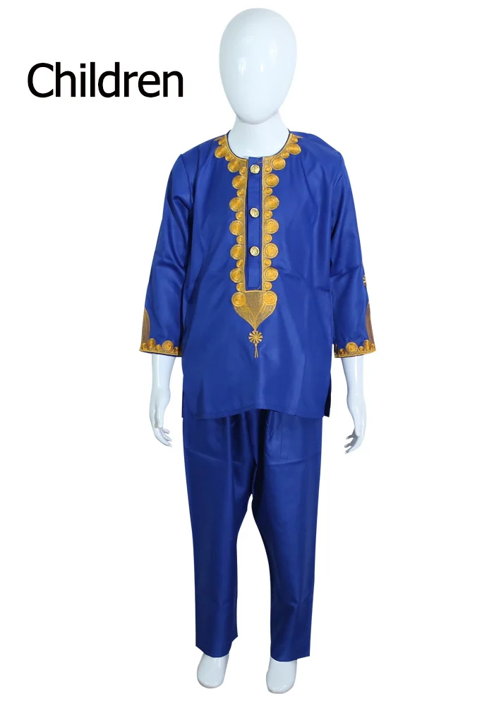 kid royal blue Африканская детская одежда Базен Риш Дашики мужская одежда в африканском стиле Южная Африка рубашка брюки 2 шт костюмы комплект для родителей - Цвет: kid royal blue
