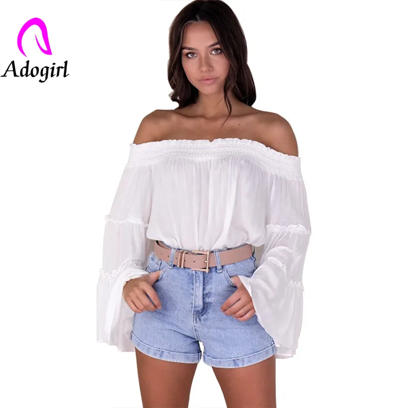 Adogirl/белые лоскутные рубашки с расклешенными рукавами вырезом лодочкой и