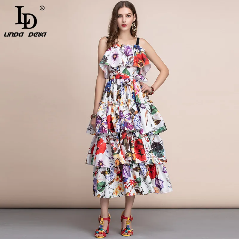Женские платья с драпировкой LD LINDA DELLA, повседневное и праздничное летнее платье, длинное платье с вырезом лодочкой, многослойное платье с цветочным принтом и оборками