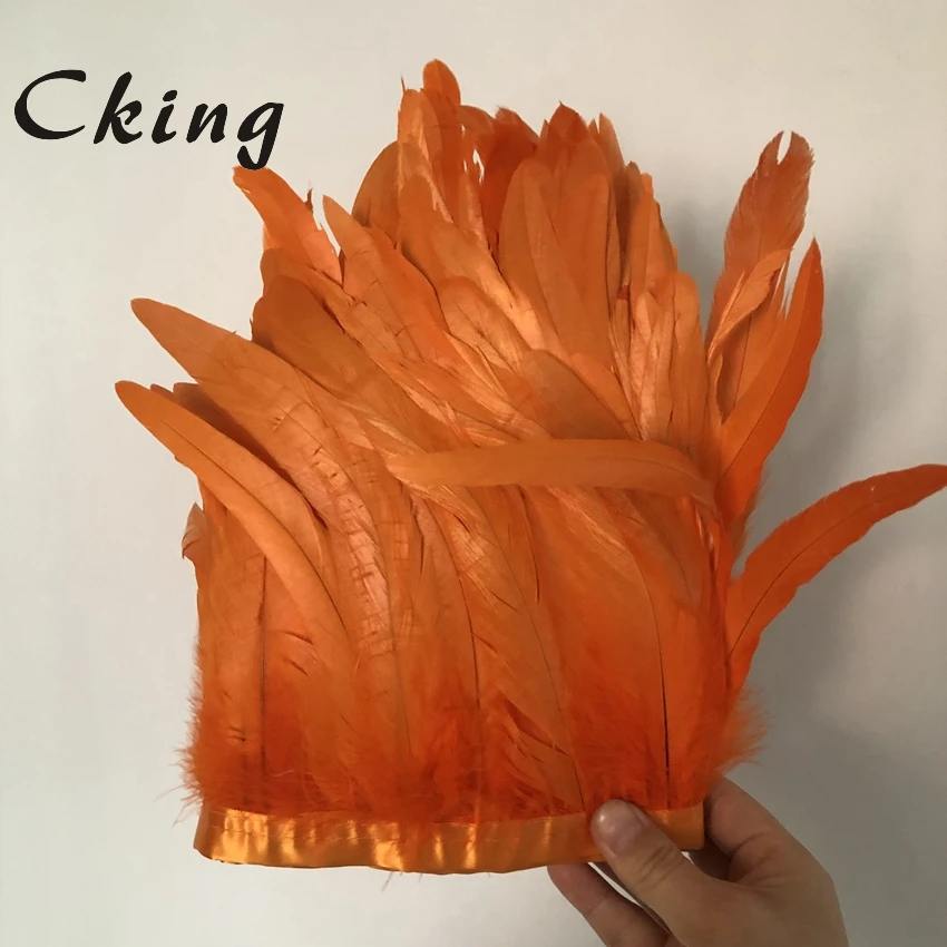 

Крашеные Куриные перья оранжевого цвета, отделка 15-20 см, 6-8 дюймов, ширина 100 шт./метр, хвост петуха, флейта, бахрома, полоски
