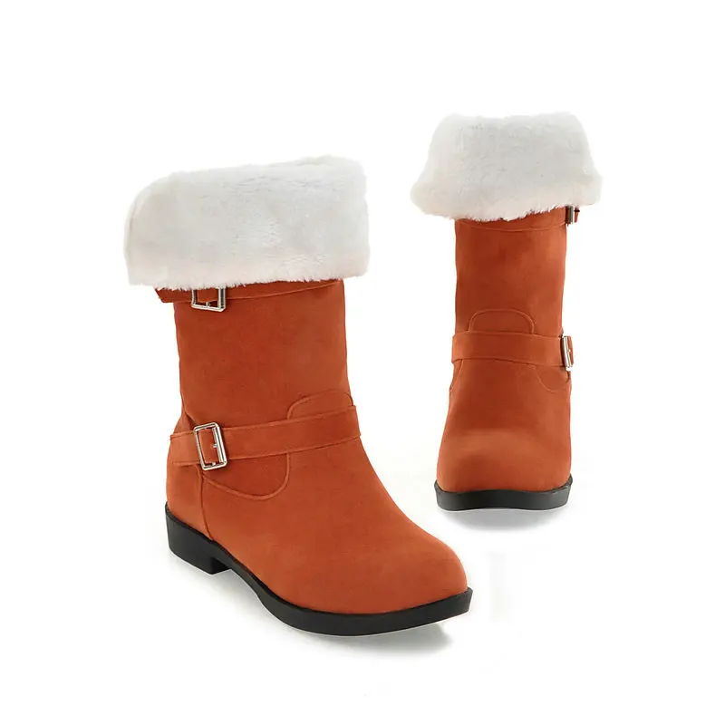 QUTAA Scrub Fashion Round Toe Casual Mid Calf Boots Buckle Comfort Low Heel Winter Warm Fur Orange Women Shoes Size 34-40