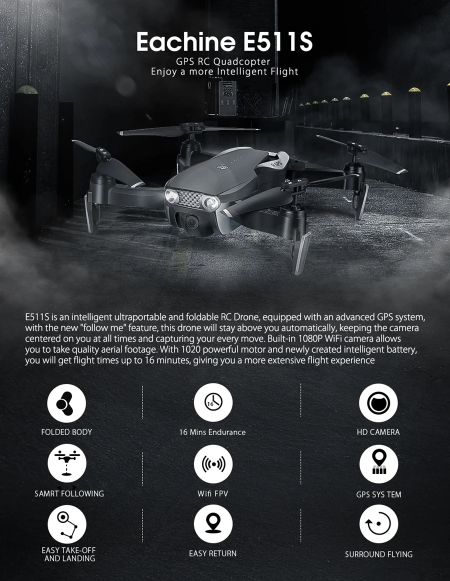 E511S 2,4G 4CH gps 6-axis gyro Dynamic Follow wifi FPV с камерой 1080P 16 минут время полета Радиоуправляемый Дрон Квадрокоптер