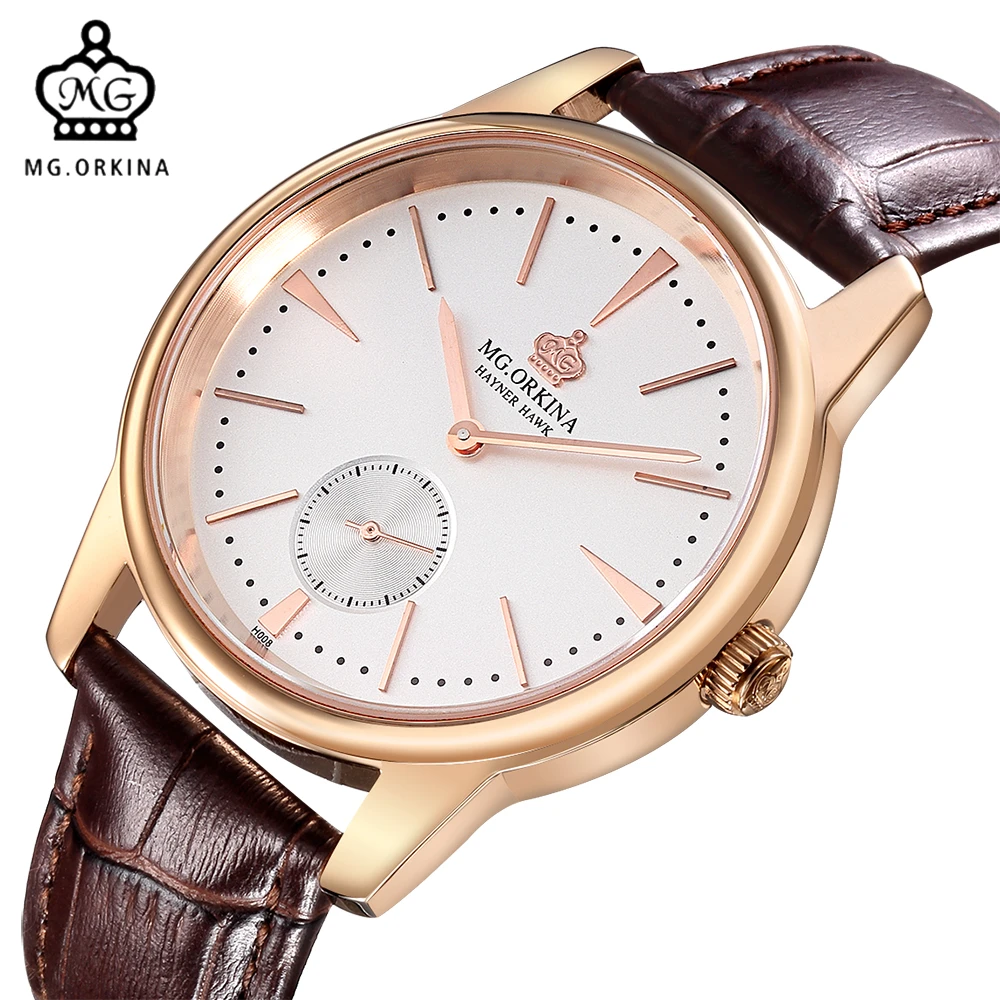 

MG. ORKINA Men Watches Genuine Leather Strap Stainless Steel Case Japan Quartz Movt Rose Gold Watch Male Clock Relogios
