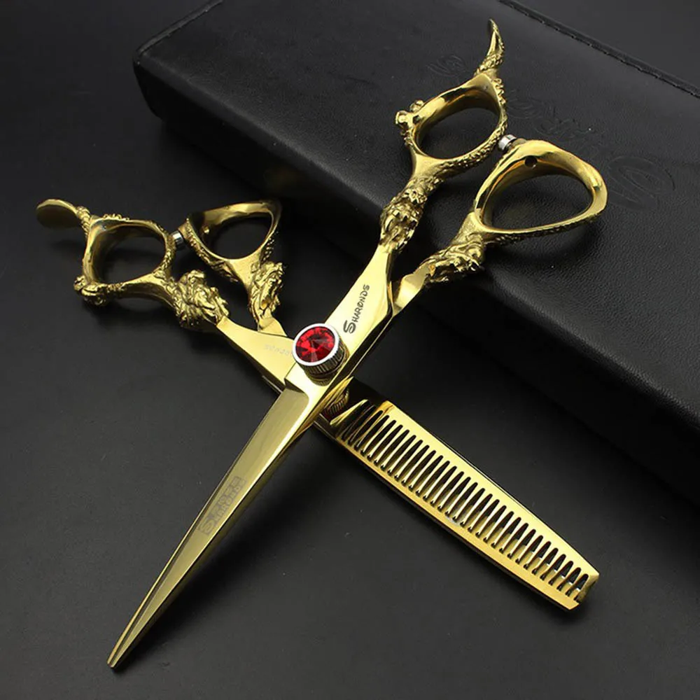Gold2pcs 6 дюймов, Профессиональные парикмахерские ножницы, парикмахерские ножницы, ножницы для резки и истончения, Japan440c, парикмахерские ножницы для волос, набор - Цвет: Gold2pcs