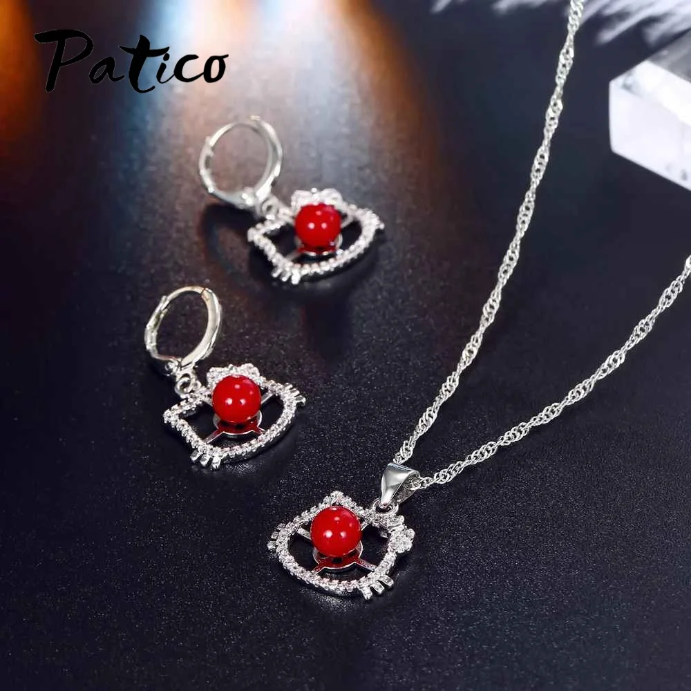 Комплект из колье и серёг серебра 925 пробы с красным камнем | Украшения аксессуары