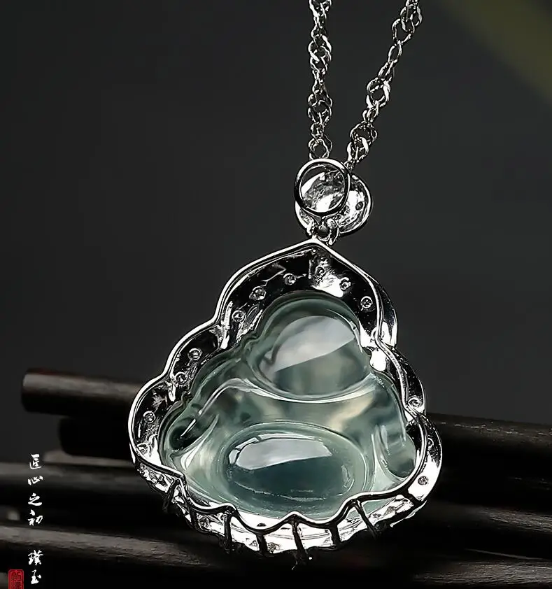 

The first source Jade Buddha male pendant female 18k gold inlaid ice species Maitreya Buddha Jade jadeite pendant a goods natura