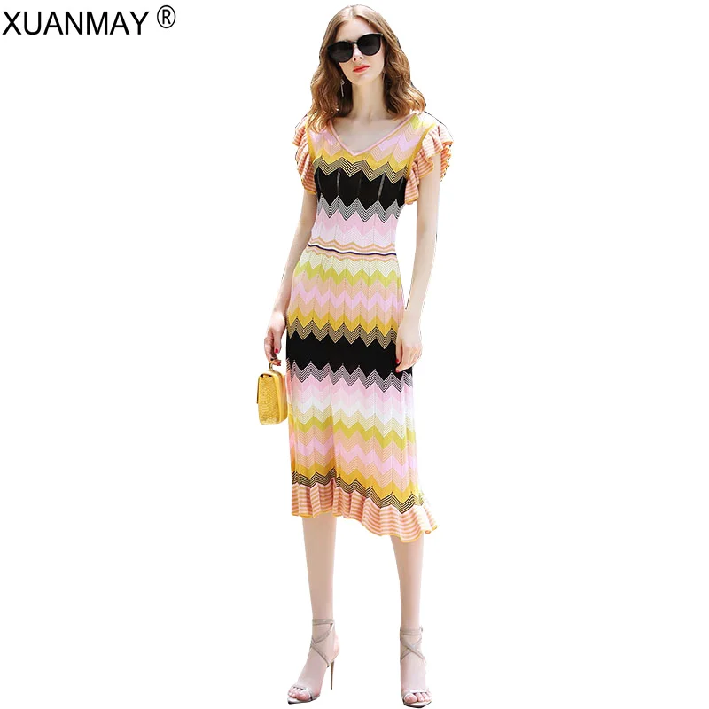 2019 Summer Fashion Dress Women Colorful Stripe Bohemia Sweater Brand T-Shirt Style Slim Sexy Long Knit | Женская одежда