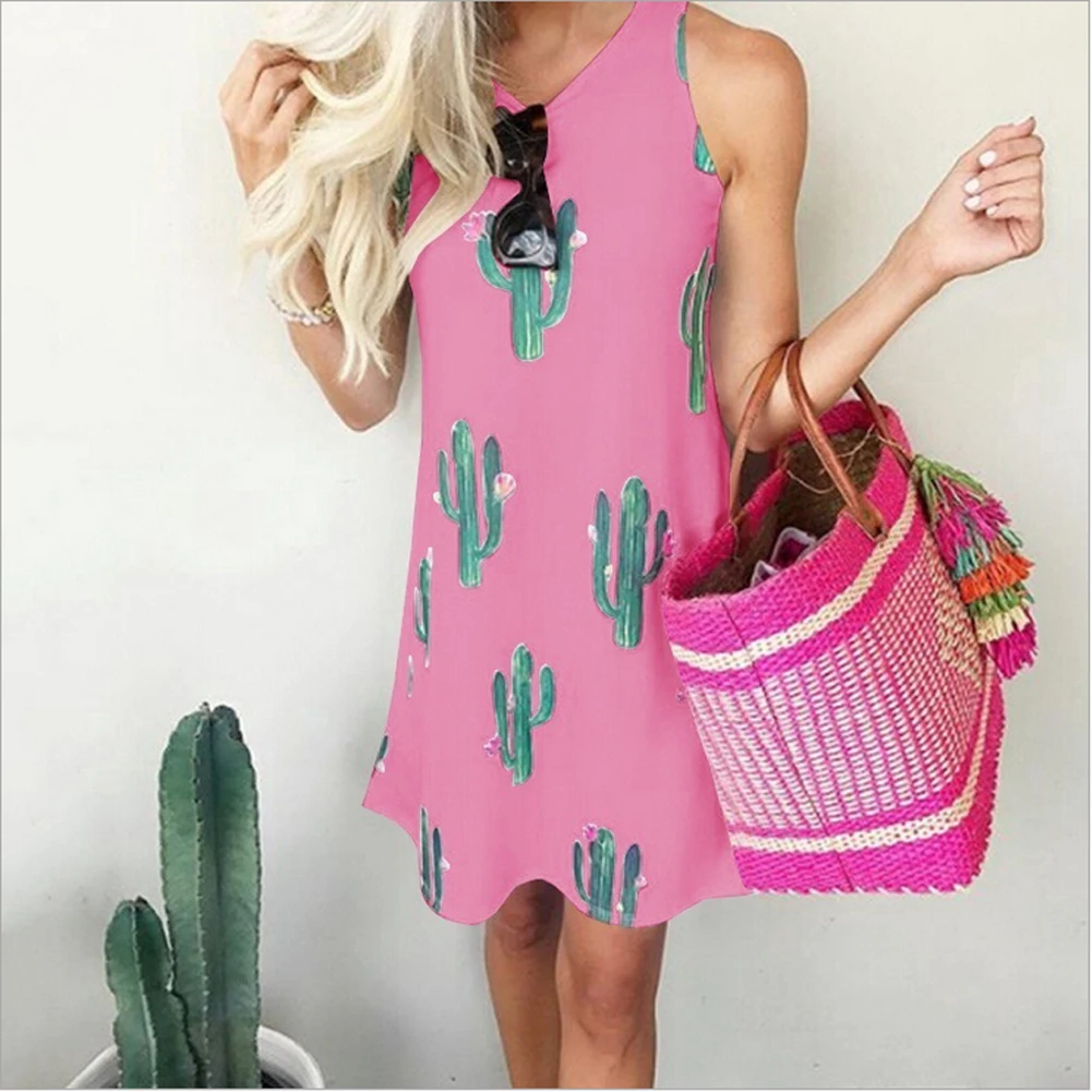 Женское пляжное летнее платье с принтом кактуса Свободные повседневные платья