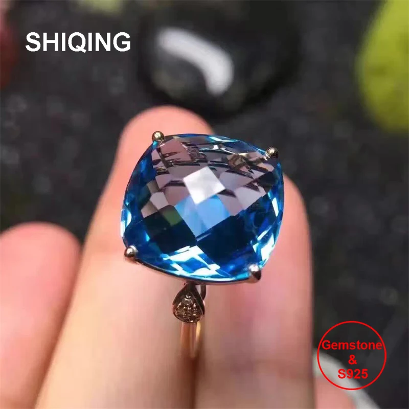 SHIQING высокое качество Натуральный топаз s925 серебро suqare обручальное кольцо для